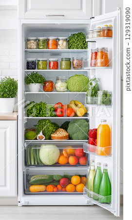 Organized refrigerator filled with fresh fruits and vegetables, showcasing healthy food options in a modern kitchen setting during daylight 129319090
