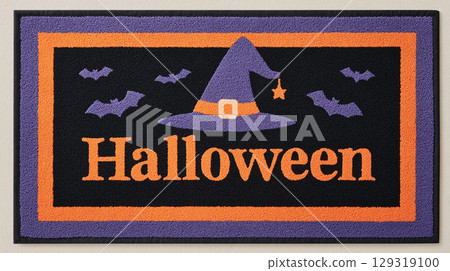 Colorful Halloween doormat featuring witch hat and bats designed for festive home entryway decor during autumn season 129319100
