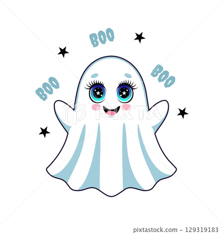 Kawaii ghost with sparkling blue eyes, rosy cheeks, and BOO text with stars, perfect for Halloween designs. Kawaii ghost with sparkling blue eyes, rosy cheeks, and BOO text with stars, perfect for Halloween designs. 129319183