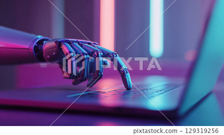 Robotic hand interacts with modern laptop in a futuristic workspace illuminated by vibrant neon lights 129319256