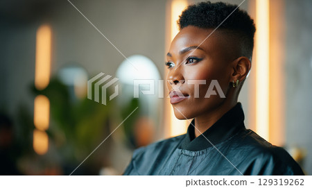 African woman with short hairstyle and bold makeup contemplating in modern salon during vibrant daylight hours 129319262