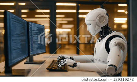Robot working at a workstation, analyzing data and coding in a modern tech environment during daylight hours 129319278