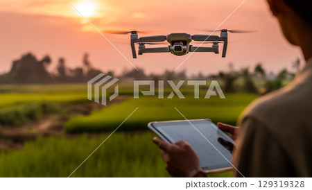 Futuristic agriculture concept, use of drones and smart equipment in rural farming 129319328