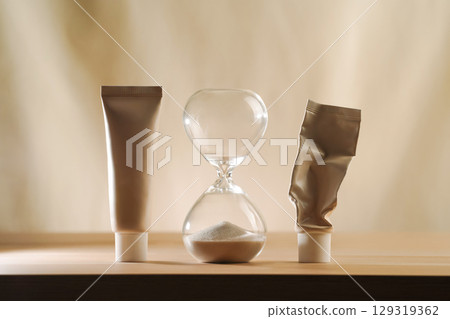 Hourglass with no time left and empty and full cream tubes. Minimalist beige skincare aging concept 129319362
