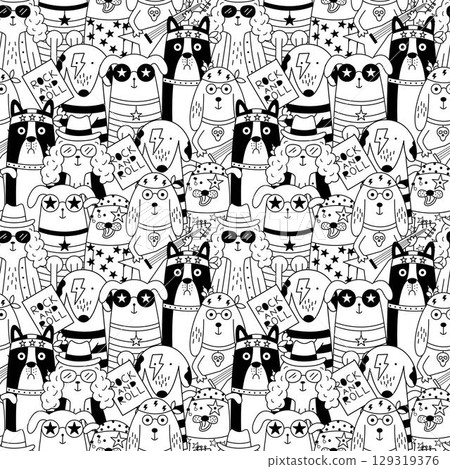 Seamless black and white pattern featuring cartoon dogs as rock musicians. Seamless black and white pattern featuring cartoon dogs as rock musicians. 129319376