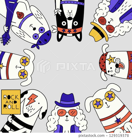 Funny cartoon dogs dressed as rock musicians arranged around the edges of a square frame, forming a playful border. 129319378