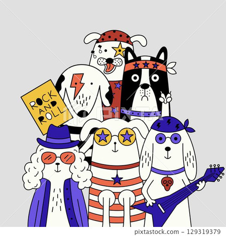 Cool dogs as a music band playing guitars, wearing bandanas, sunglasses, and fun accessories. 129319379