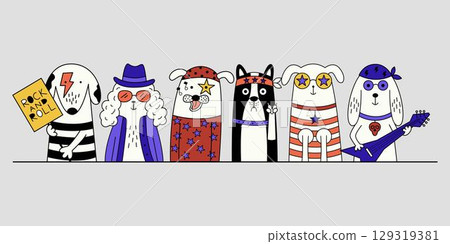 Lineup of cartoon dogs dressed as rock musicians, standing in a row with guitars. Lineup of cartoon dogs dressed as rock musicians, standing in a row with guitars. 129319381