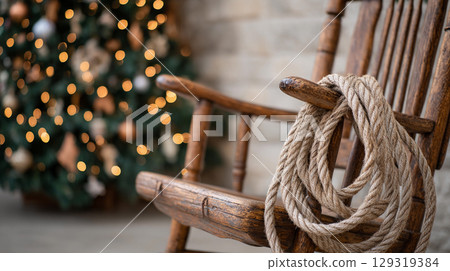 Christmas decorations shine in the background while a rustic rocking chair holds decorative lasso rope. Cowboy and Western decor. Christmas decorations shine in the background while a rustic rocking chair holds decorative lasso rope. Cowboy and Western decor. 129319384
