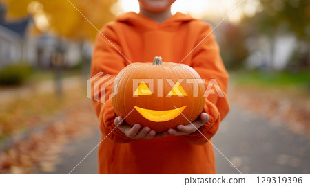 A child in an orange hoodie proudly presents a carved pumpkin featuring a happy face, surrounded by vibrant fall foliage. Halloween background. A child in an orange hoodie proudly presents a carved pumpkin featuring a happy face, surrounded by vibrant fall foliage. Halloween background. 129319396