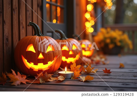 Three carved pumpkins on a porch with autumn leaves and lights. 129319428