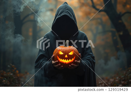 Person holding a jack-o'-lantern in a dark forest. 129319429