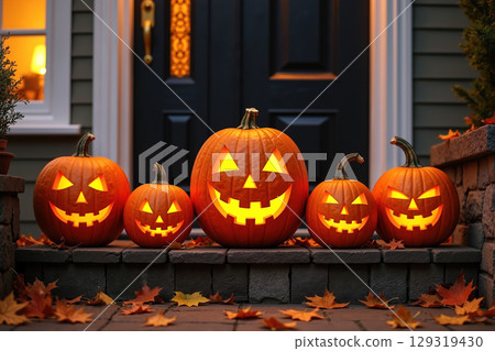 Five carved pumpkins on a porch step, glowing with cut-out faces, surrounded by autumn leaves. 129319430