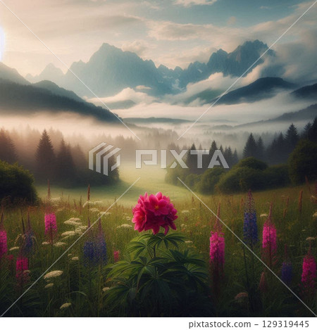 majestic sunset in the mountains landscape 129319445
