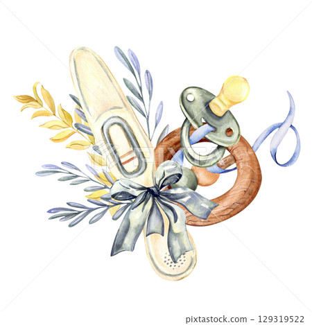 Baby pacifier, wooden teether and positive pregnancy test with bow and leafy branches Baby pacifier, wooden teether and positive pregnancy test with bow and leafy branches 129319522