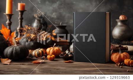 Mockup of book cover in blank black color on Halloween theme background with copy space for text, black and orange color tone. Mockup of book cover in blank black color on Halloween theme background with copy space for text, black and orange color tone. 129319663