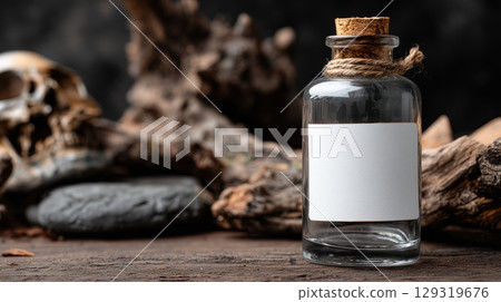 Mockup of clear glass potion bottle with blank white label on Halloween theme background with copy space for text, dark brown color tone. 129319676