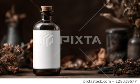 Mockup of black glass potion bottle with blank white label on Halloween theme background with copy space for text, dark brown color tone. 129319677
