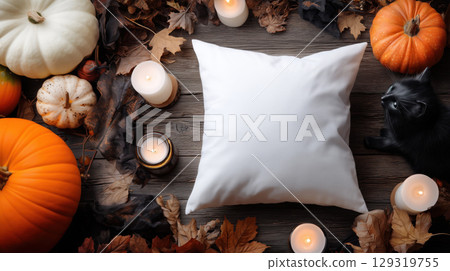 Mockup of plain white on Halloween theme background with copy space for text, Warm rustic color tone. 129319755