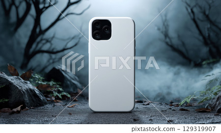 Mockup of plain white smartphone case on Halloween theme background with copy space for text, dark night color tone. Mockup of plain white smartphone case on Halloween theme background with copy space for text, dark night color tone. 129319907
