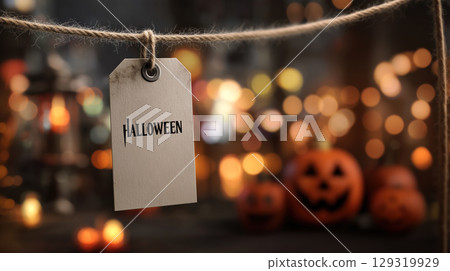 Mockup of plain white tag on Halloween theme background with copy space for text, bright night color tone. 129319929