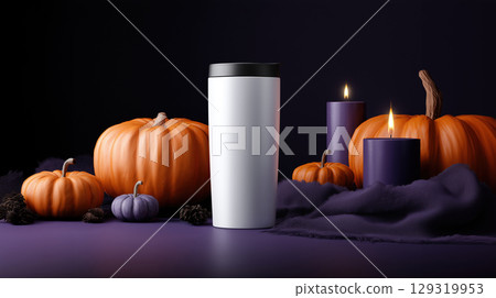 Mockup of plain white tumbler on Halloween theme background with copy space for text, vibrant orange and purple color tone. Mockup of plain white tumbler on Halloween theme background with copy space for text, vibrant orange and purple color tone. 129319953