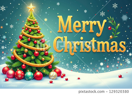 Decorated Christmas tree with ornaments and a star on top. 129320380