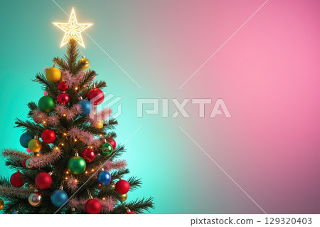 Decorated Christmas tree with glowing star on top. 129320403