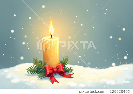 Candle with red bow in the snow. 129320405