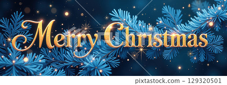 Merry Christmas in gold text surrounded by blue pine branches and stars. 129320501