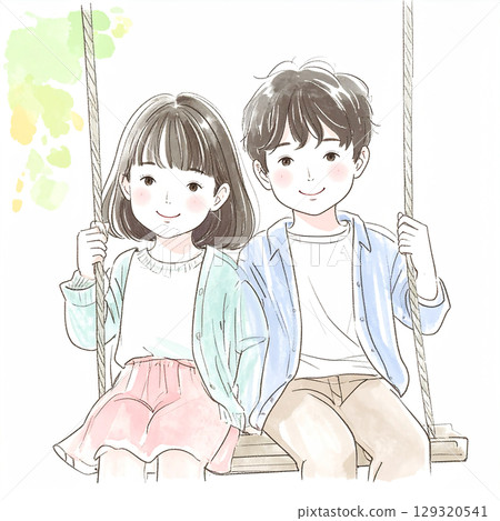 Hand-drawn watercolor illustration of children 129320541