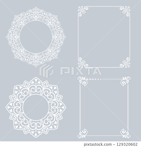 Set of decorative frames Elegant vector element for design in Eastern style, place for text. Floral gray and white borders. Lace illustration for invitations and greeting cards 129320602
