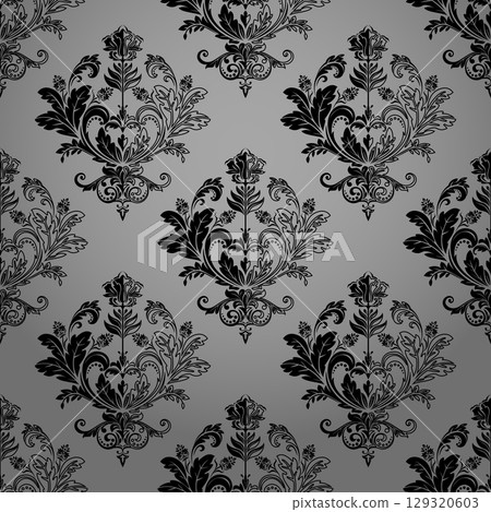 Floral pattern. Seamless vector background. Vintage wallpaper in the Baroque style. Gray and black ornament for fabric, wallpaper, packaging. Ornate Damask flower illustration 129320603