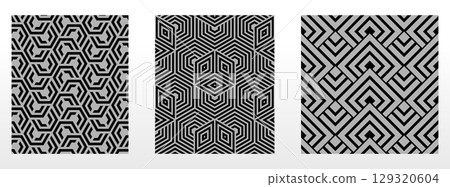Geometric set of seamless black and gray patterns. Simple vector graphics 129320604