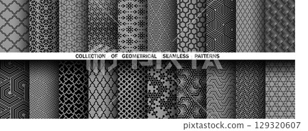Geometric set of seamless black and gray patterns. Simple vector graphics Geometric set of seamless black and gray patterns. Simple vector graphics 129320607