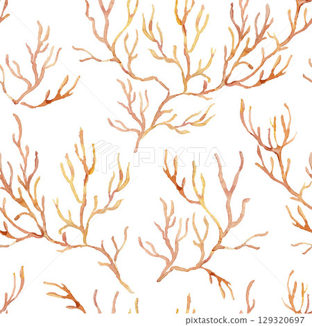 Watercolor pink and orange coral branch seamless pattern. Underwater plant illustration isolated on white background. For design, prints, fabric or background. 129320697