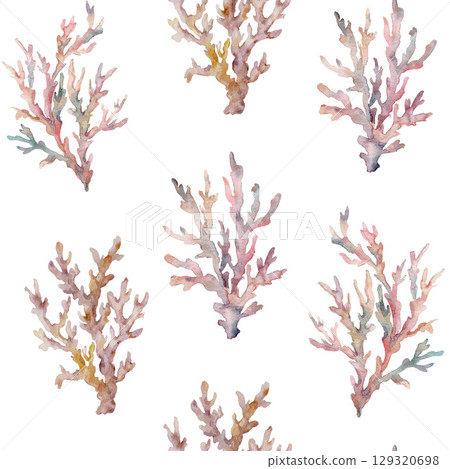 Watercolor pink coral branch seamless pattern. Underwater plant illustration isolated on white background. For design, prints, fabric or background. Watercolor pink coral branch seamless pattern. Underwater plant illustration isolated on white background. For design, prints, fabric or background. 129320698