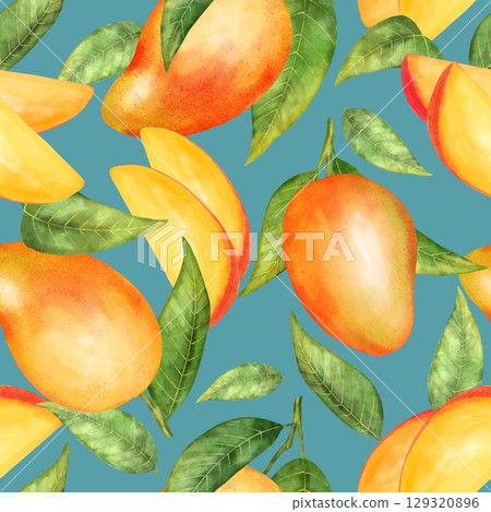 Hand-drawn seamless pattern with ripe mango fruits, juicy slices, and green leaves on a vibrant blue background Hand-drawn seamless pattern with ripe mango fruits, juicy slices, and green leaves on a vibrant blue background 129320896