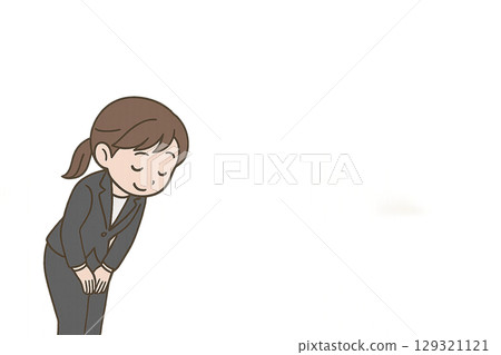 Illustration of a female employee bowing politely when leaving her seat (company etiquette, office, mini character) 129321121