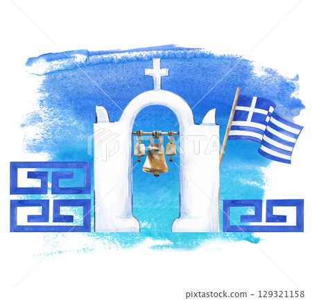 Watercolor composition with a white stone Greek bell tower, a Greek flag and geometric ornaments on a background of watercolor turquoise spots. For scrapbooking, travel booklets, postcards. Watercolor composition with a white stone Greek bell tower, a Greek flag and geometric ornaments on a background of watercolor turquoise spots. For scrapbooking, travel booklets, postcards. 129321158