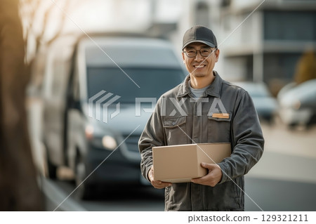 Friendly Asian Delivery Man with Box Standing Near Van Delivering Packages 129321211