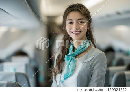 Friendly Asian flight attendant in airplane cabin offering excellent service 129321212