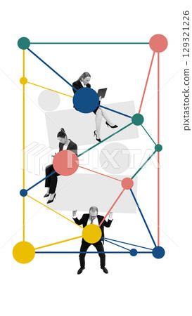 Collage of multitasking business professionals on layered geometric structure Collage of multitasking business professionals on layered geometric structure 129321226