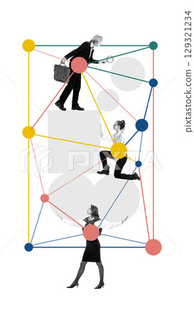 Abstract collage of women cooperating in layered abstract business hierarchy 129321234