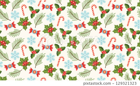 Cute seamless Christmas pattern with berries, fir branches, sweets, and snowflakes in flat cartoon style. Cute seamless Christmas pattern with berries, fir branches, sweets, and snowflakes in flat cartoon style. 129321323