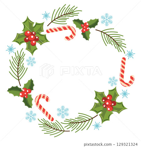 Round Christmas wRound Christmas wreath with holly berries, spruce branches, candy canes, and snowflakes. reath with holly berries, spruce branches, candy, candy canes, and snowflakes. 129321324