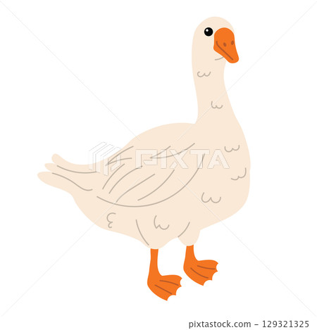 Big white goose standing with orange beak and legs. Simple cartoon flat style with clean lines. 129321325