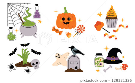 Set of Halloween compositions with pumpkin, cauldron, candies, zombie hand, witch hat, spiders, and more. 129321326