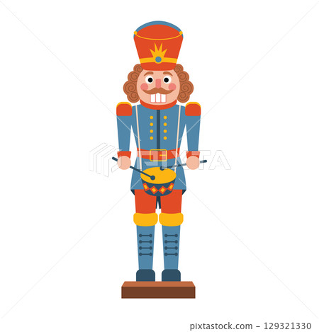 Christmas nutcracker toy soldier with drum in festive uniform. Traditional flat cartoon style. Christmas nutcracker toy soldier with drum in festive uniform. Traditional flat cartoon style. 129321330