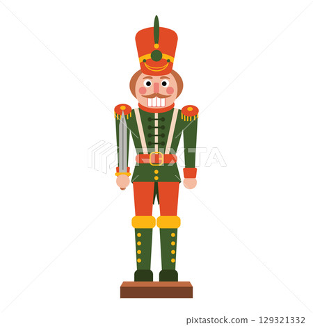 Christmas nutcracker toy soldier with sword in bright uniform. Traditional cartoon flat style. Christmas nutcracker toy soldier with sword in bright uniform. Traditional cartoon flat style. 129321332